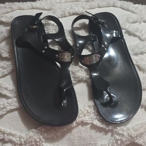Michael Kors Black Jelly T Strap Sandals with Silver Accents